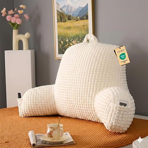 Reading Pillow for Bed,Large Backrest Reading Pillow with Arm Rest,Back Rest Support Cushion for Sit Up on Couch,Sofa,and Floor(White Flannel,Standard(17inch))