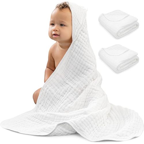 Comfy Cubs 2 Pack Baby Hooded 9 Layer Muslin Cotton Towel for Kids, Large 32” x 32”, Ultra Soft, Warm, and Absorbent. Baby Essentials Bath Towels, Cute Unisex Cover for Girls and Boys (2 Pack, White)