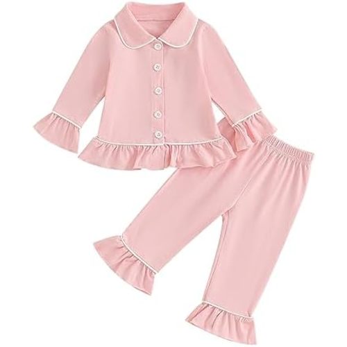 fhutpw Toddler Kids Baby Girl Pajamas Set Solid Color Ruffle Long Sleeve Button Shirt Top Pants Cotton Infant 2Pcs Pjs Set