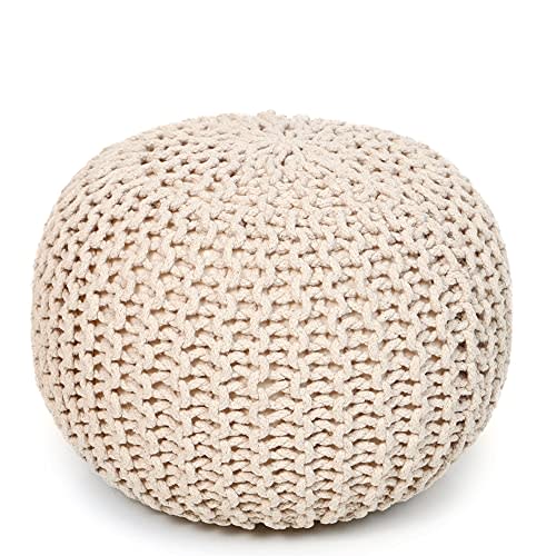 REDEARTH Round Pouf Ottoman –18"x18"x14" Hand-Knitted Cotton Pouffe –Cable Footstool –Boho Dori Hassock –Pre-Stuffed Poof – Extra Seat -Poofy Footrest for Living Room, Bedroom, Nursery, Nook –Ivory