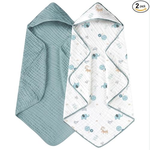 Yoofoss Hooded Baby Towels for Newborn 2 Pack 100% Muslin Organic Cotton Baby Bath Towel with Hood for Babies, Infant, Toddler and Kids, 32x32Inch, Soft and Absorbent Newborn Essential,Blue Elephant