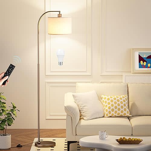 Ambimall Arc Floor Lamp with Remote and Stepless Dimmable Bulb, Colors Temperature & Brightness Adjustable, Brown Floor Lamps for Living Room(Deep Beige Shade & Brown Pole)