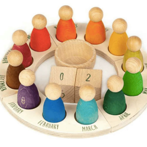 Wooden Rainbow Perpetual Calendar with Peg Figures