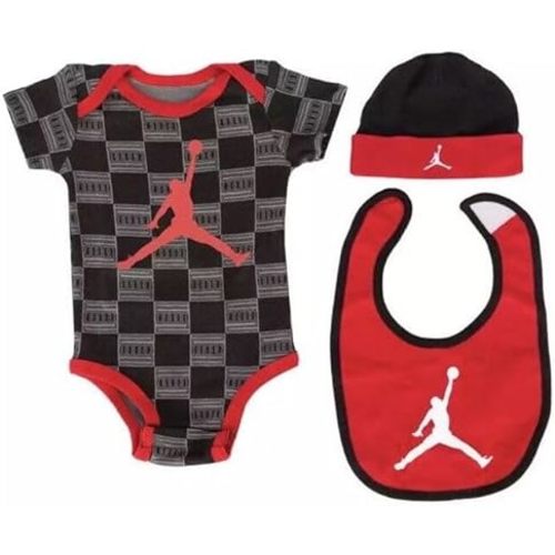 Nike Jordan 3-piece set (onesie, hat, bib), 0-6 months, Patterned Black/Red