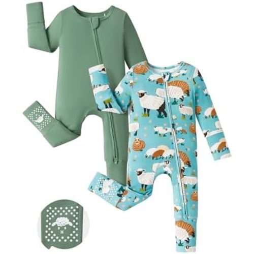 PATPAT Baby Footie Romper with Mittens for Boy and Girl, Anti-Slip & 2-Way Zipper, Long Sleeve, Viscose from Bamboo, Outfit