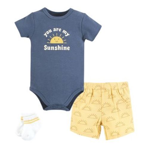 Hudson Baby Infant Boy Bodysuit, Short And Sock, Blue Sunshine, 3-6 Months