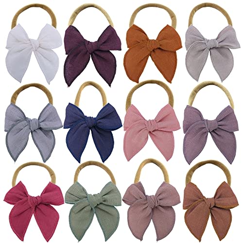 Sugarmelon Linen Bow Nylon Headband for Baby Newborn Infant Toddler Hair Bow Elastic Bands for Baby Girls Little Kids Headbands (Linen Fable bow 3'')