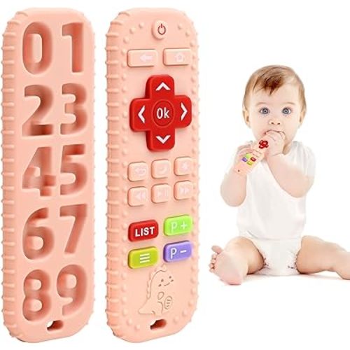 Teething Relief Teethers Toys for Babies 3-6 12 Months Gifts, Silicone Remote Control Baby Teether Bath Toys for 3 6 9 Months Newborn Infant Boy Girl Autism, Food Grade Silicone Sensory Toys, Pink