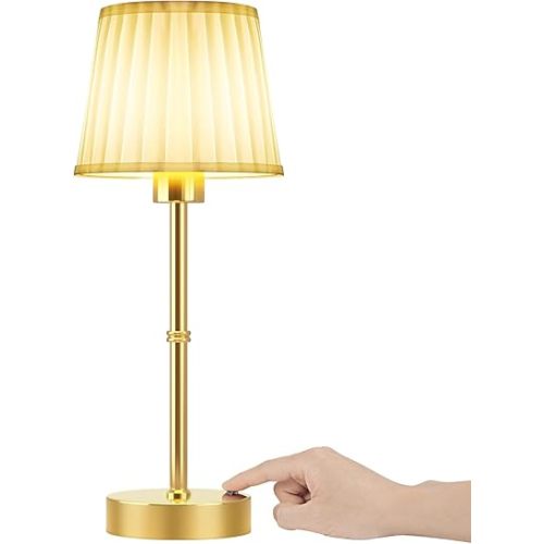 Portables Cordless Table Lamp, Wireless Rechargeable Battery Fabric Shade Desk Lamp, Powered Lighting Dimmable Light for Dining Room Bedroom Bedside Bar Night Light (Bronze + White Lampshde - 1PCS)