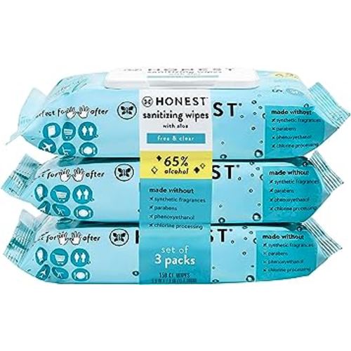 The Honest Company Sanitizing Alcohol Wipes | Kills 99% of Germs, Made With Aloe | Unscented, 150 Count (3 Packs of 50)