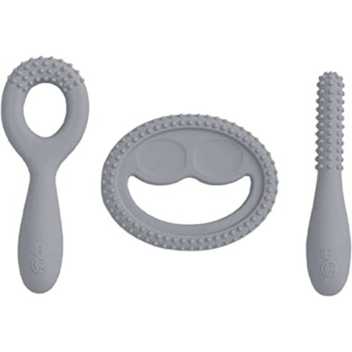 ezpz Oral Development Tools (3 Pack in Gray) - Non-Slip Loop, Smile and Stick, 100% Silicone Tools That Encourage Speech Sound - Sensory Bumps - Dishwasher Safe - 3 Months+