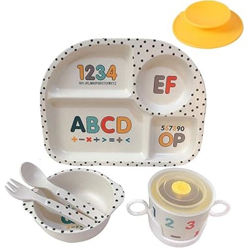shopwithgreen 7Pcs/Set Bamboo Kids Dinnerware Set - Children Dishes - Food Plate Bowl Cup Spoon Fork Set Dishware, Cartoon Tableware, Dishwasher Safe Kids Healthy Mealtime, BPA Free