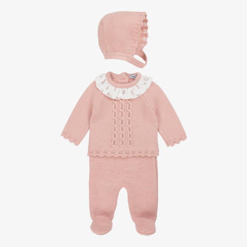 Babidu - Baby Girls Pale Pink Knit Babysuit Set with Ruffle Collar | Childrensalon