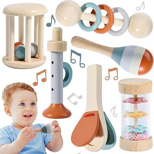 Montessori Mama Baby Rattle and Musical Set, 6 Piece Wooden Infant Toy