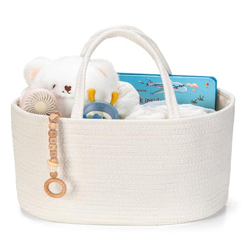 Kodomoore Large Diaper Caddy Organizer, Baby Storage Basket, Nursery Bin and Car Organizer for Diapers, Gift Basket for Baby Shower List or Newborn Essentials, Boys and Girls - Off White