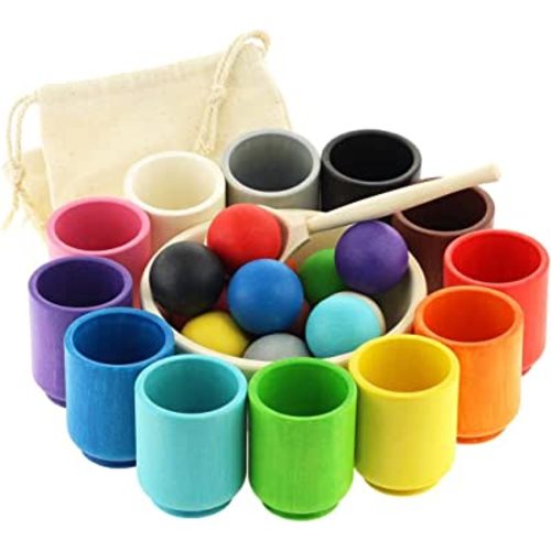 Ulanik Balls in Cups Large Montessori Toy Wooden Sorter Game 12 Balls 35 mm Age 1+ Color Sorting and Counting Preschool Learning Education