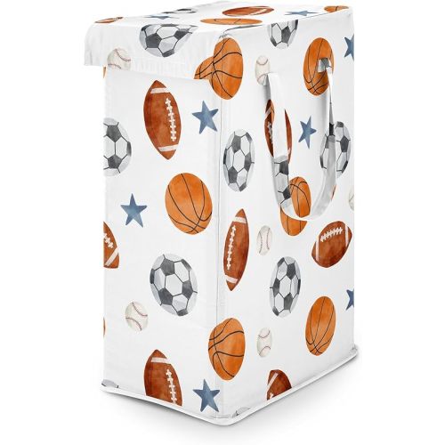Sweet Jojo Designs Sports Theme Boy Laundry Hamper Foldable Dirty Clothes Basket with Handles Baby Nursery Kids Bedroom Teen Bathroom Watercolor Soccer Balls Football Baseball Basketball Blue Stars
