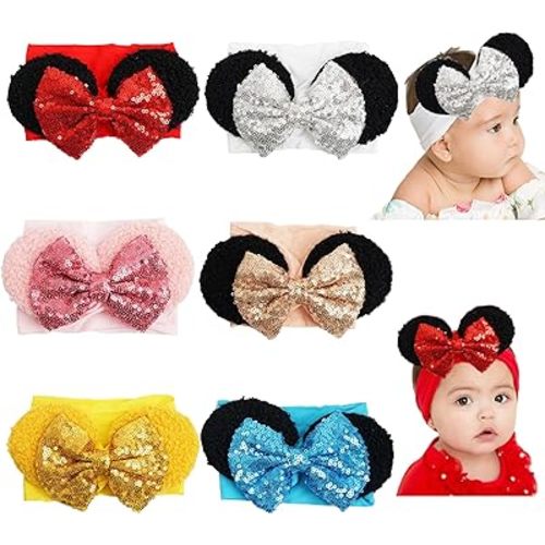 CellElection 6 Pack Mouse Ears Sequin Headbands 6Inch Large Big Sparkly Glitter Sequin Hair Bows Soft Nylon Hairbands Hair Accessories for Baby Girls Newborns Infants Toddlers Baby