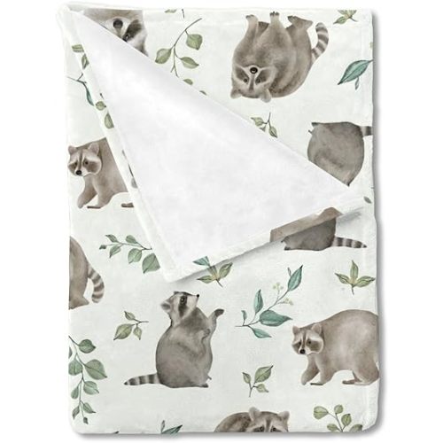 Watercolor Raccoon Green Leaves Baby Blanket for Boy Girl Raccoon Boho Retro Leaf Flannel Swaddle Blanket Soft Receiving Blankets for Toddler Baby Nursery Bed Blanket Stroller Crib Playmat 40x50