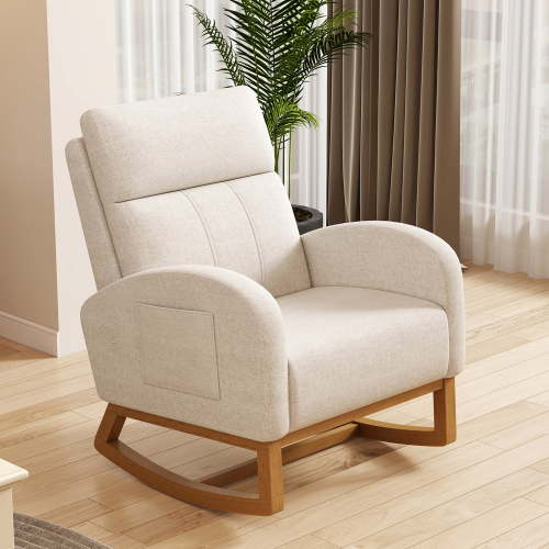 Glider Rocking Chair Nursery Comfy Accent Chair with High Backrest Upholstered Living Room Chairs with Side Pocket Armchair Reading Chair for Bedroom Nursery Office, Cream