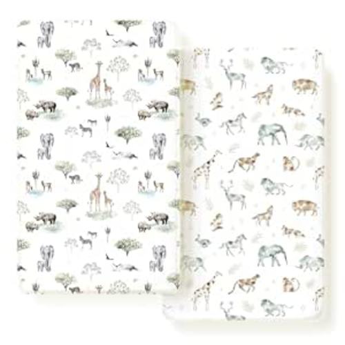 Stretch Ultra Soft Jersey Knit Fitted Crib Sheets Set 2 Pack,Fit All Standard Crib Mattress Pads Safe and Snug, Crib Fitted Sheet for Baby, Stylish African Savannah Animals Pattern