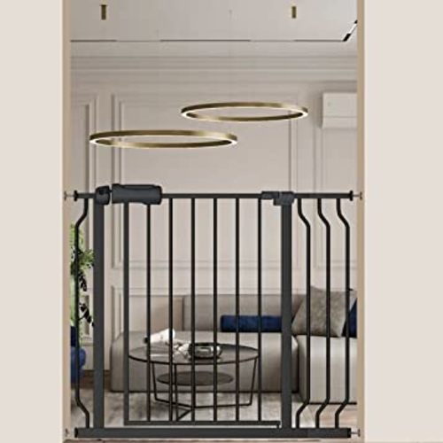 Fairy Baby Walk Through Black Baby Gate 34-38.5 Inch Wide, Pressure Mounted Safety Gate with Door No Drill, Tension Metal Gate for Dog and Toddler