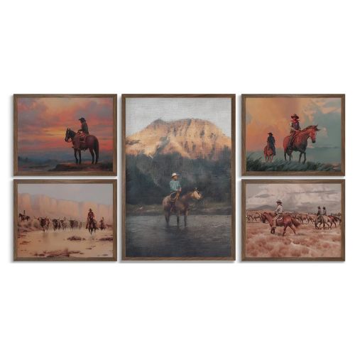 5pcs Vintage Cowboy Wall Art Western Desert Canvas Wall Decor Horse Pictures Prints Posters Rustic Southwest Paintings Mid Century Modern Men Cave Artwork for Ranch Farmhouse Home Decorations Unframed