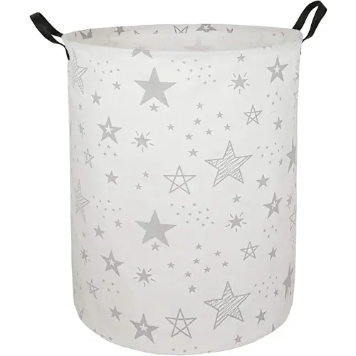 ACMUUNI 19.7" Round Canvas Large Clothes Basket Laundry Hamper with Handles,Waterproof Cotton Storage Organizer Perfect for Kids Boys Girls Toys Room, Bedroom, Nursery,Home,Gift Basket(Grey Star)