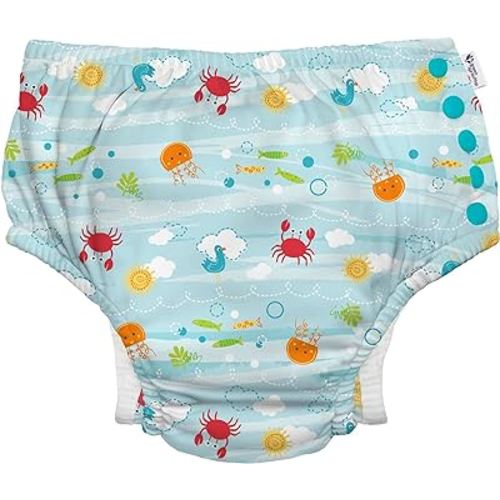 i play. by green sprouts Reusable, Eco Snap Swim Diaper with Gussets, UPF 50, 6 mo, Light Aqua Sea Friends, Patented Design, STANDARD 100 by OEKO-TEX Certified