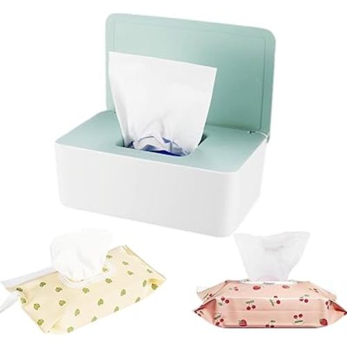 Wipes Dispenser with 2Pcs Portable Refillable Wipe Holder,Reusable Large Wipe Holder Box Flushable Wipes Case Bathroom Wipes Container for Pet Nursery Kitchen Office Counter(White-Green)