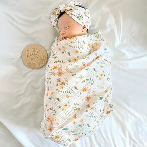 LifeTree Newborn Swaddle Set with Matching Hat and Bow Set, Wooden Birth Announcement Card, Floral Baby Girl Newborn Receiving Blankets Baby Swaddle Nursery Wildflower Baby Blanket