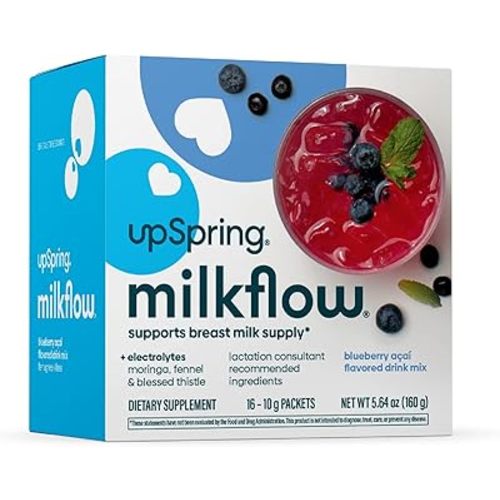 UpSpring Milkflow Electrolyte Breastfeeding Supplement Drink Mix Fenugreek-Free, Moringa & Blueberry Acai Flavor, Lactation Supplement to Support Breast Milk Supply and Restore Electrolytes, 16 Mixes