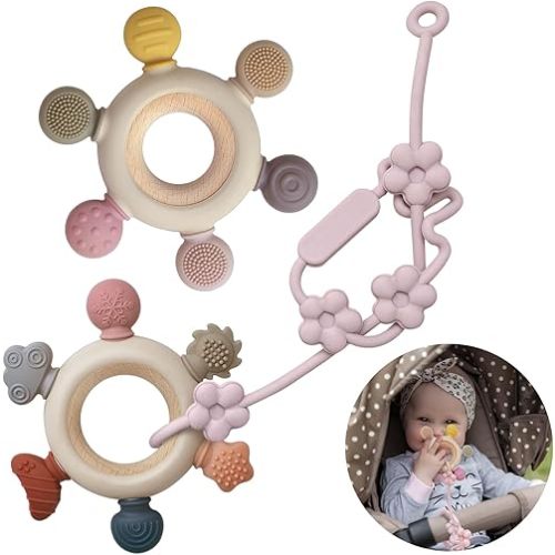 3 Packs Baby Teether Rings for 0-6 6-12 Months Babies, Teething Toys with Pacifier Clip Holder, Baby Chew Toys for Sucking Needs, BPA Free