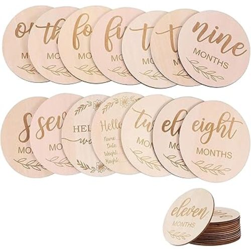 12 Pieces Wooden Baby Milestone Cards, Baby Monthly Milestone Marker Discs,Double Sided Photo Prop Milestone Discs for Newborn Photo Props Baby Shower Gifts