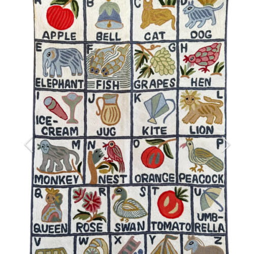 Handmade alphabet ABC crewel embroidered children's wall hanging tapestry | Sumbal | luxury new baby, first birthday or christening gift – Moppet