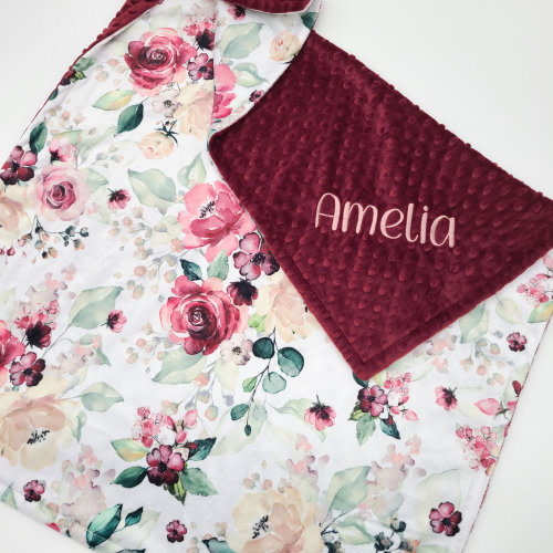 Personalized Girl Baby Blanket - Burgundy and Rose Floral - Minky Baby Blanket - Monogrammed Blanket