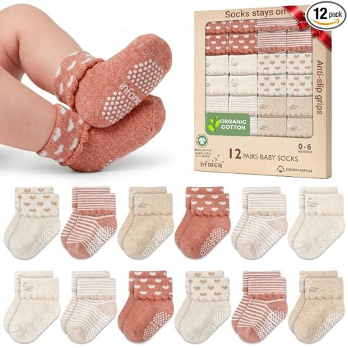 GOTS Certified Organic Cotton Infant Baby Socks 12 Pair For 0-6 (M) Baby Boy Soft, Stretchable & Comfortable Infant Socks, Premium Boys Cotton Socks, Gift for Newborn Boys, Peach & Beige
