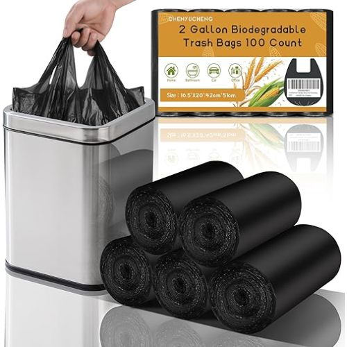 Small Bathroom Trash Bags 2 Gallon - Black Mini Garbage Bags With Handle Biodegradable Compostable 100 Count Kitchen Office Car Little Waste Basket Unscented Tiny Liners Strong Thick Chenyucheng