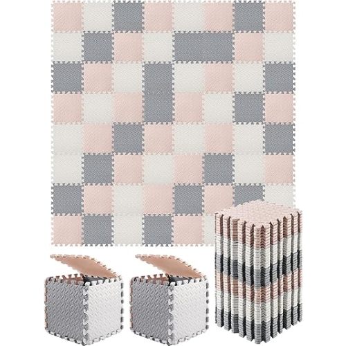 Shihanee Foam Floor Baby Tiles Foam Floor Mats Play Mats Bulk with Borders Interlocking for Kids Baby Playroom Nursery Gym (White, Beige, Gray,64ft)
