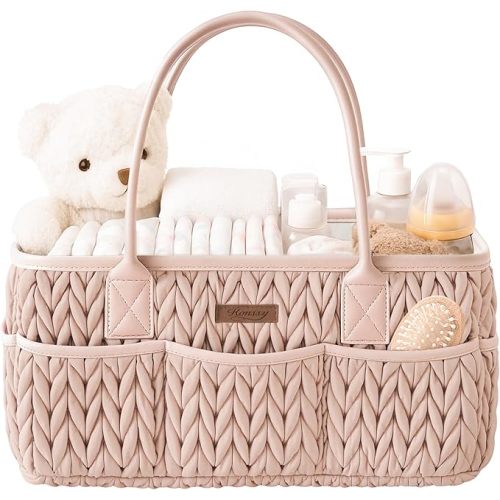 Konssy Braided Quilted Diaper Caddy Organizer, Boho Nursery Storage Basket with PU Leather Handles, Water-Repellent Portable Diaper Basket for Changing Table, Newborn Essentials (Blush)