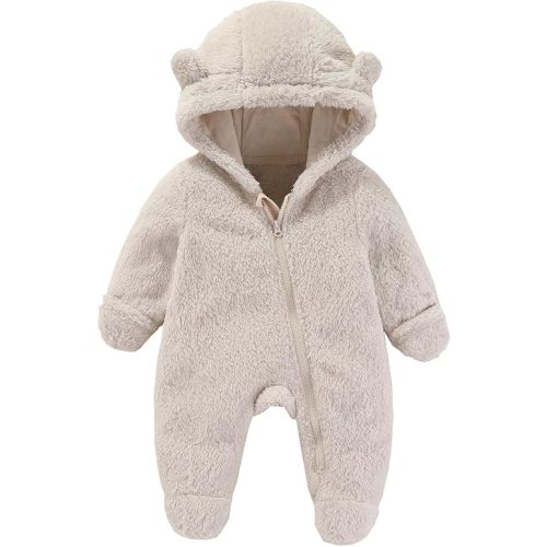 Baby Fleece Snowsuit, Infant Winter Coat, Hooded Long Sleeve Baby Rompers Jumpsuit with Footies