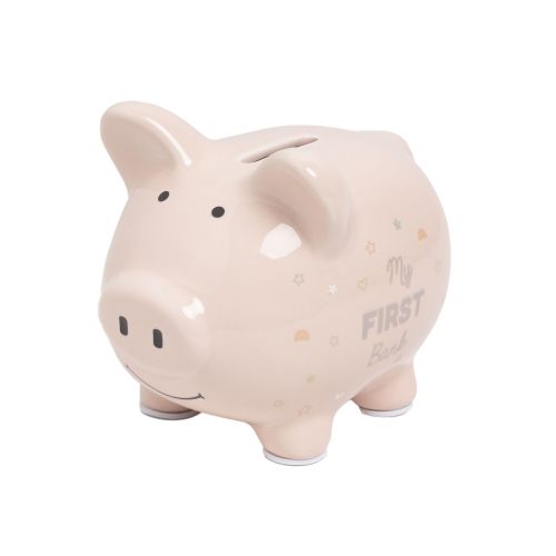 Kate & Milo Mini Ceramic Piggy Bank, Newborn Nursery Décor, Baby Girl Keepsake Gift, My First Bank, Pink Rainbows and Stars