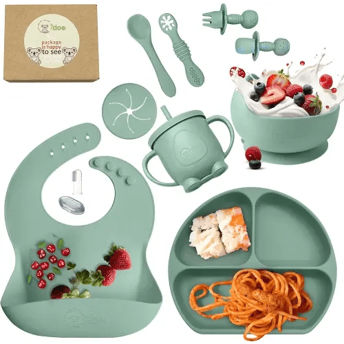 Baby Led Weaning Feeding Supplies for Toddlers, odoe Baby Feeding Set | Suction Silicone Baby Bowl Self Eating Utensils Set with Spoons, Bibs, Toddlers Spoon Set, Food Plate Kit (BFS-GREEN, V1)