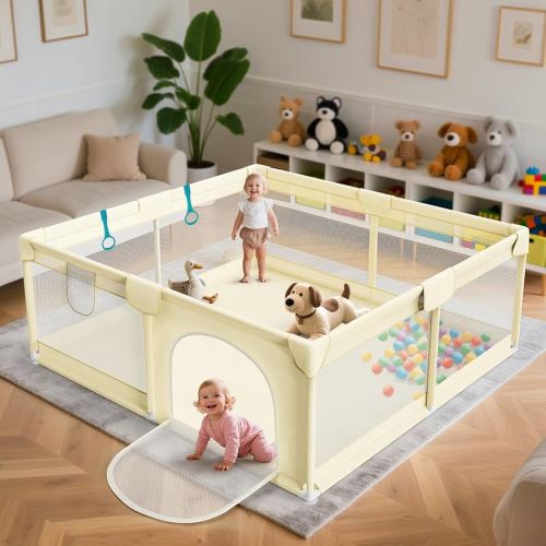 64x64 in Baby Playpen for Babies and Toddlers - Indoor and Outdoor Extra Large Baby Play Pen with Soft Breathable Mesh & External Zipper Door - Play Yard with 2 Handles for Walking Playing, Beige