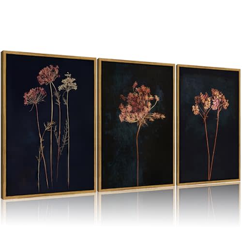 Framed 3Pcs Vintage Wall Art Prints Retro Moody Floral Botanical Canvas Painting Farmhouse Decor Black Dark Flower Picture Poster for Bedroom Living Room 12x16 Inches