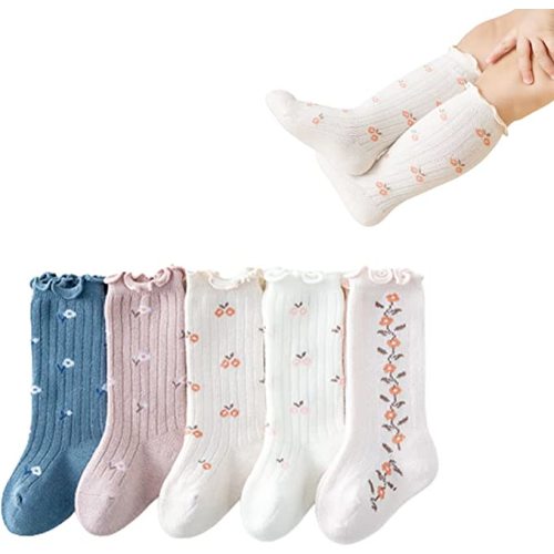 SUITBOY Baby Girls Socks Toddlers Ruffle Socks Frilly Socks for Toddler Girls Baby Nonslip Cotton Socks with Grips - 0-12 Months - Flower-5 Pairs