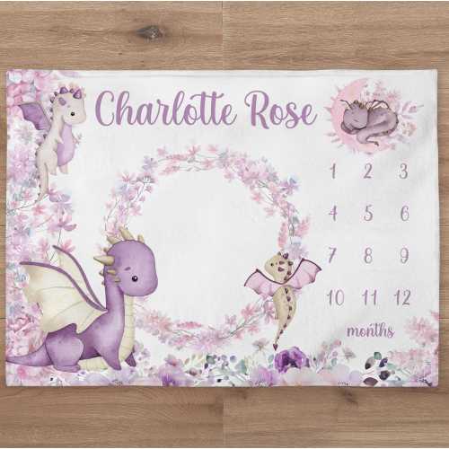 Dragon Milestone Blanket Personalized Baby Girl Month Blanket Flowers Nursery Custom Newborn Age Growth Tracker New Mom Baby Shower Gift