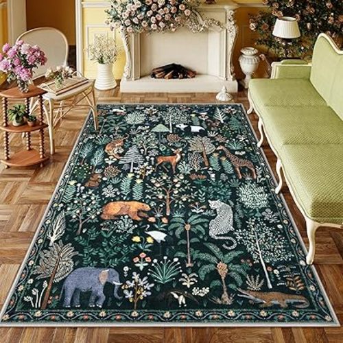 OJIA Jungle Print 5x7 Area Rugs for Living Room, Green Soft Christmas Washable Rugs for Bedroom Ultra-Thin Non-Slip Modern Rug, Stain Resistant Nursery Rug Carpet for Kids Playroom Nursery Dining Room