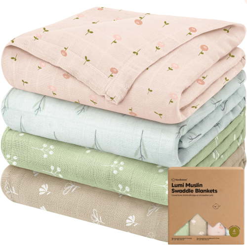 Organic Muslin Swaddle Blankets 4-Pack for Newborns, Soft Breathable Baby Receiving Blankets for Boys Girls, Neutral Unisex Infant Essentials Gift Set (Wild Bloom)