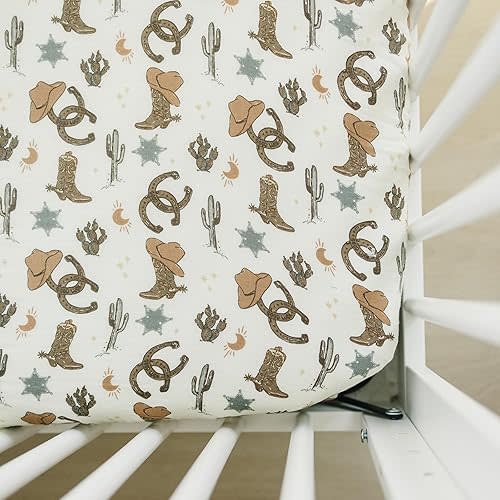 Outlaw Cowboy Muslin Crib Sheet by Mebie Baby, Soft and Breathable Bed Sheets for Babies, Modern Neutral Bedding for Cribs, Standard Crib Mattress Fitted Sheet, Great for Boy or Girl Room